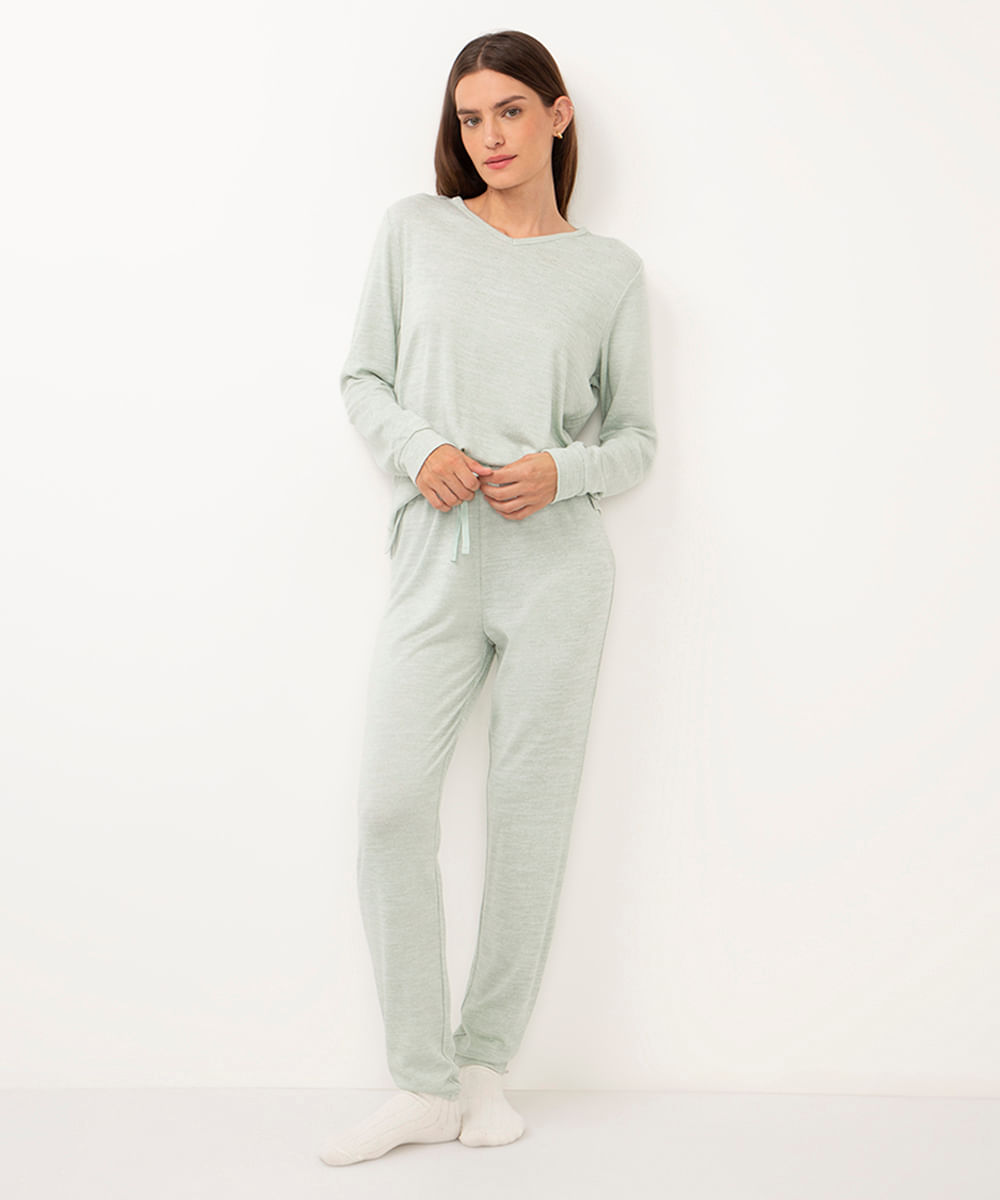 pijama de tricot manga longa verde claro