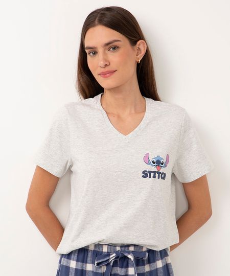 camiseta de pijama decote v stitch cinza P