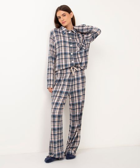 pijama americano longo de viscose xadrez azul marinho M
