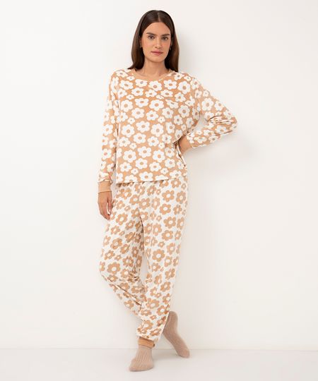 pijama de plush manga longa floral bege G