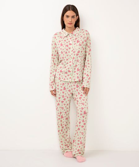 pijama americano longo de coração verde claro PP pijama americano longo de coração verde claro PP