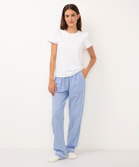 pijama de algodão longo bordado e poá off white PP