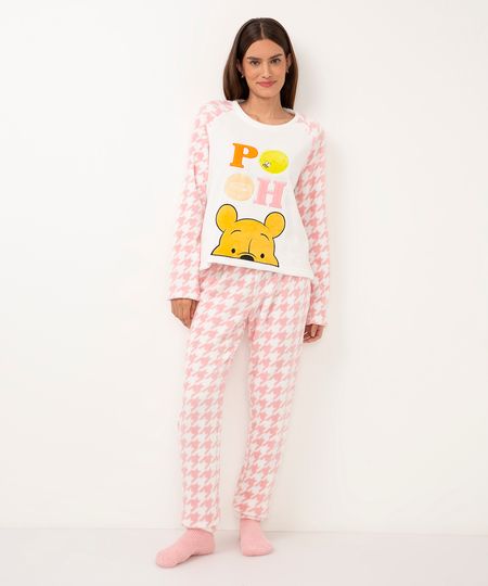 pijama de fleece manga longa pooh rosa PP