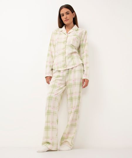 pijama americano de fleece xadrez verde claro GG