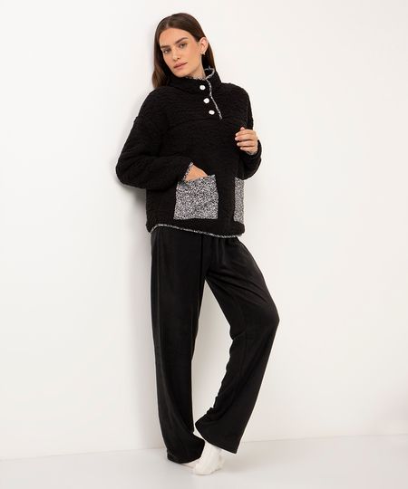 pijama longo pelúcia com bolsos preto PP