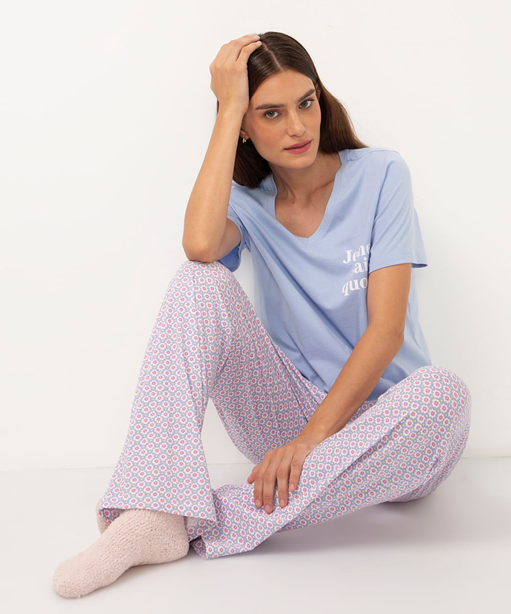 pijama de algodão longo floral azul