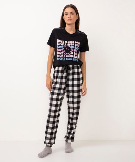 calça de pijama jogger xadrez preto PP