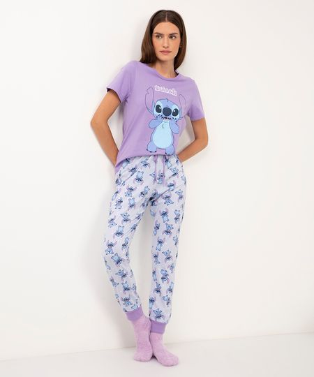 pijama de algodão longo stitch lilás M