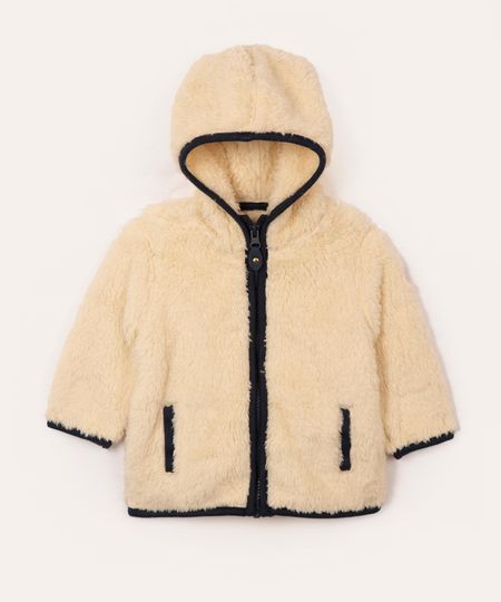 casaco de pelucia infantil com capuz bege 0-3