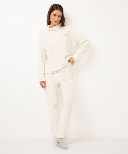 pijama de fleece longo texturizado e bordado off white PP