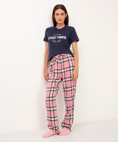 calça reta de pijama flanelada xadrez rosa PP