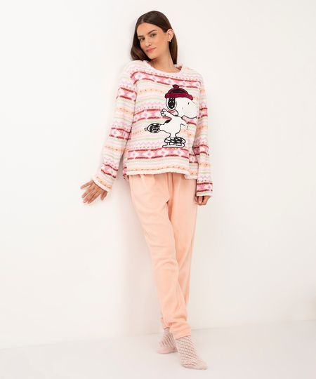 pijama de pelucia snoopy listrado coral P