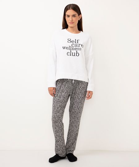 pijama longo com fleece bordada off white M