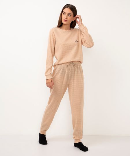 pijama longo texturizado love bege PP