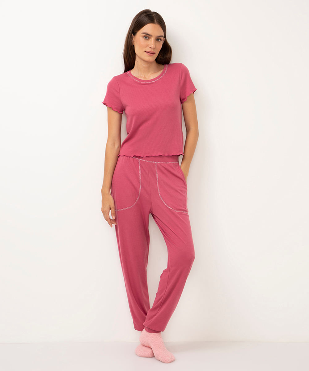 pijama canelado com bolsos roxo
