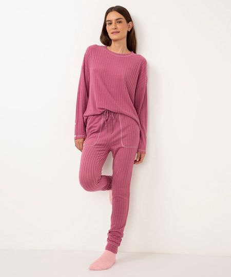 pijama longo texturizado com bolso rosa PP