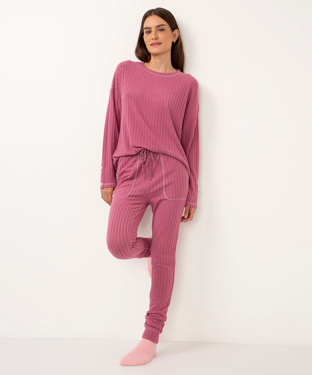 pijama longo texturizado com bolso rosa