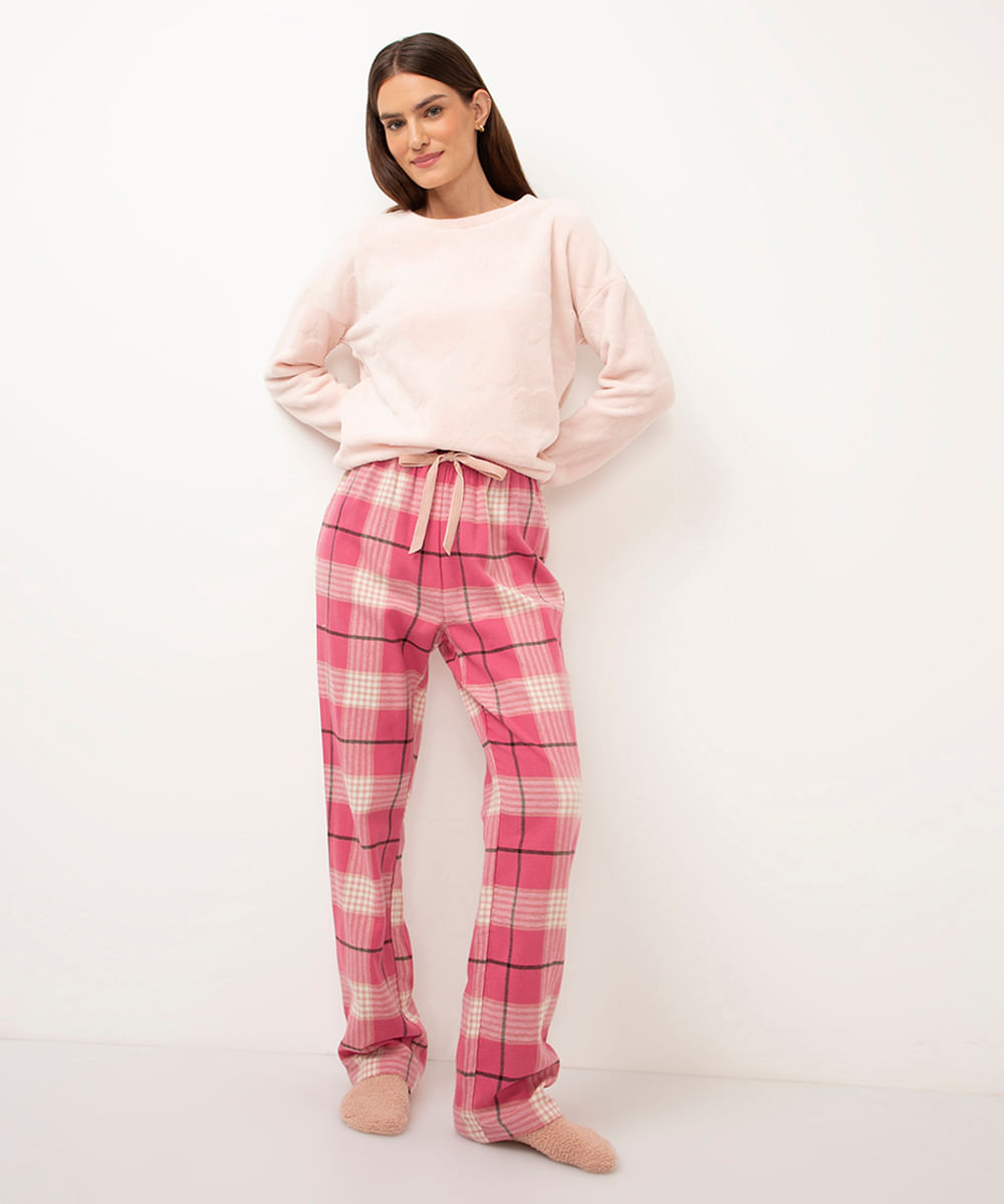 pijama de fleece longo coração e xadrez rosa