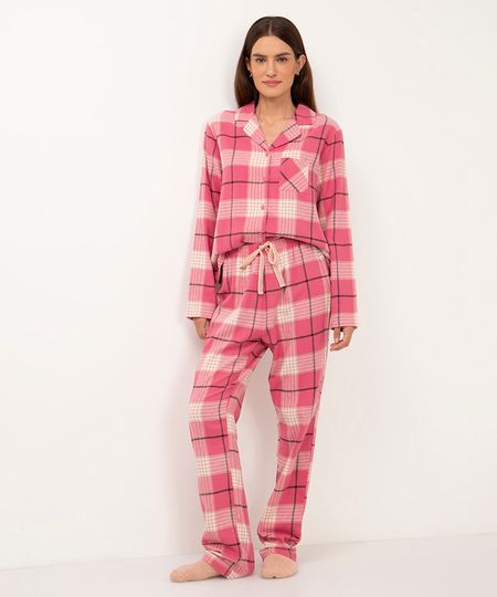 pijama de algodão americano longo xadrez rosa PP