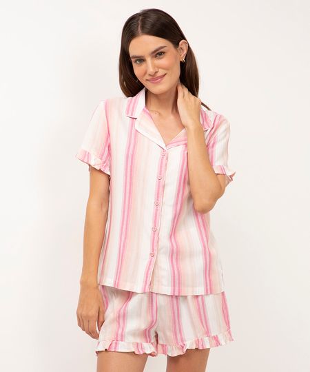 pijama de viscose americano curto listrado - off white PP