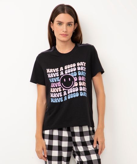 camiseta de pijama algodão manga curta have a good day preto PP camiseta de pijama algodão manga curta have a good day preto PP