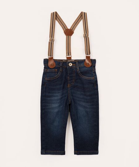 calça jeans infantil com suspensório azul escuro 0-3