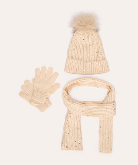 kit de tricot infantil gorro luva e cachecol off white UNICO