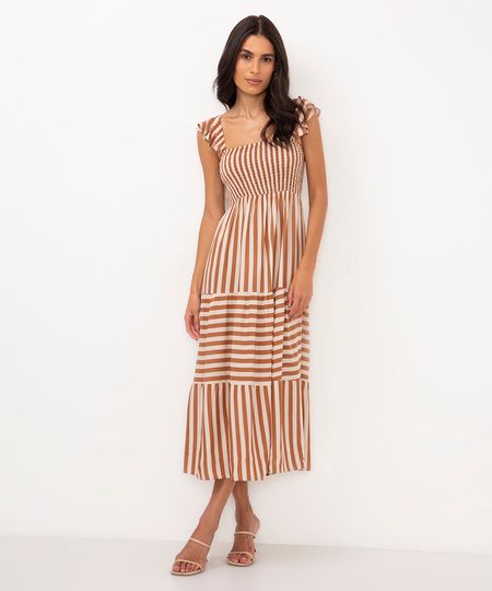 vestido midi de viscose listrado camelo P