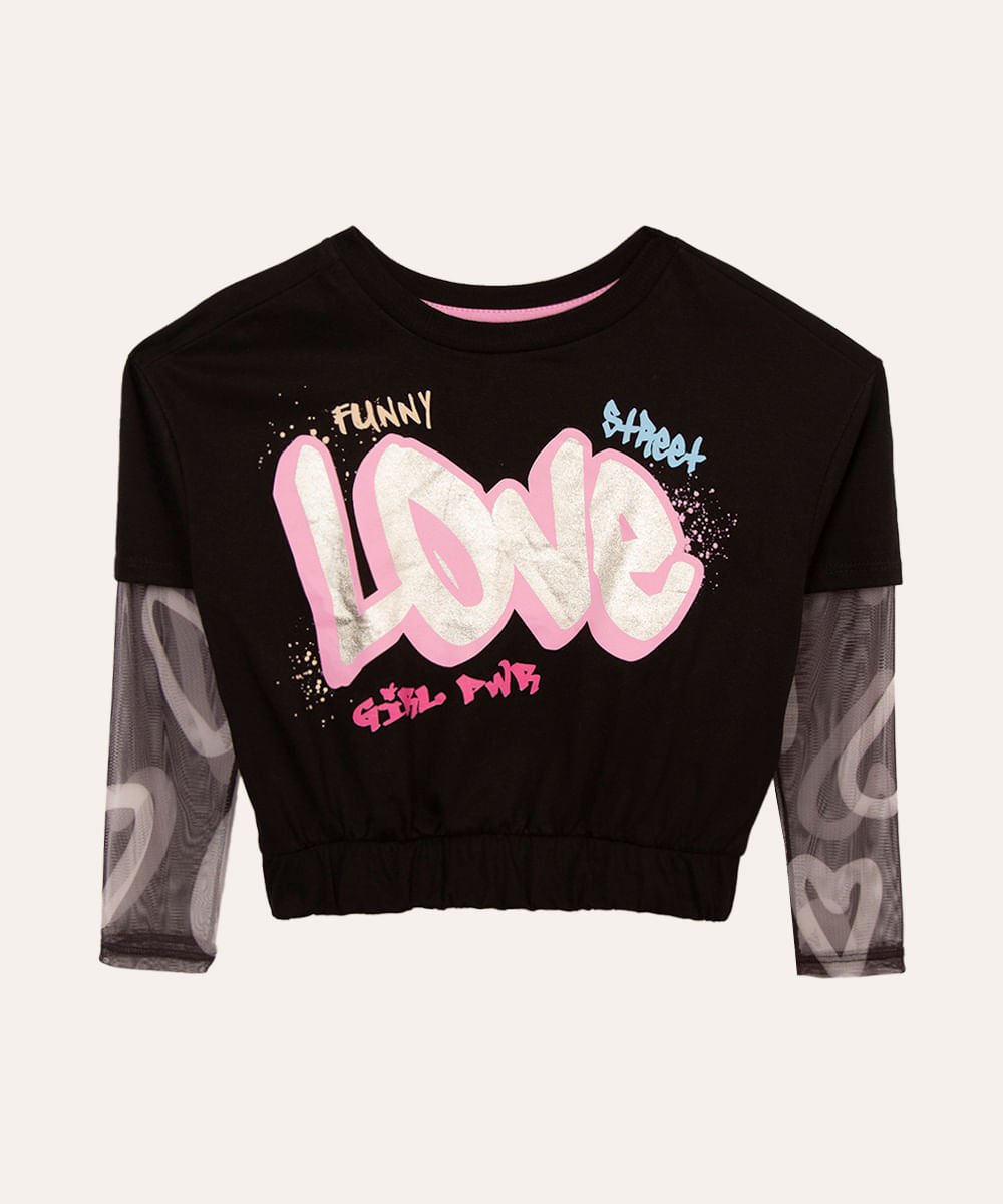 camiseta de algodão infantil manga tule love preto