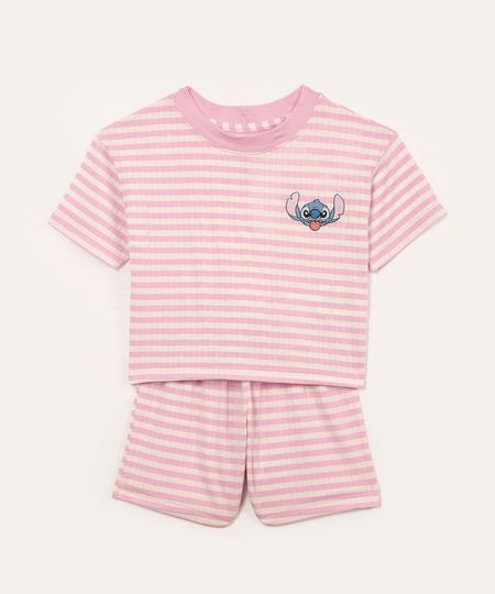pijama de viscose infantil curto listrado stitch lilás 12