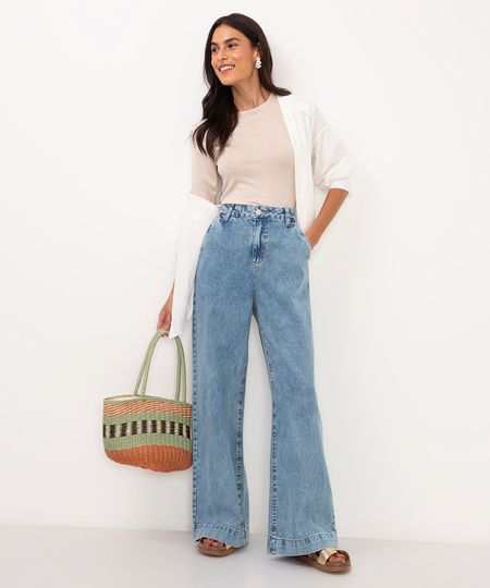 calça jeans wide leg cintura alta barra larga azul 40