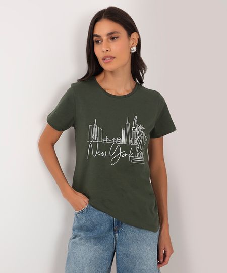 camiseta de algodão manga curta new york verde militar PP
