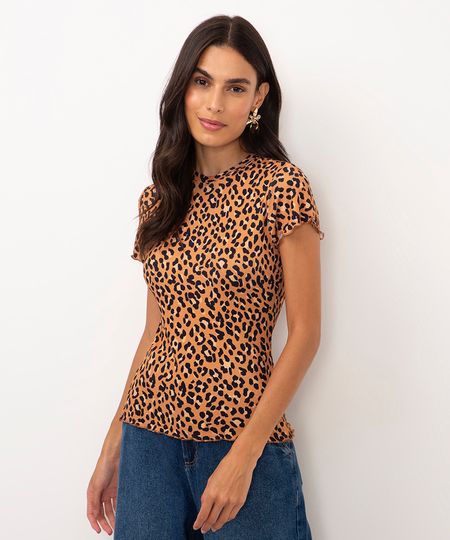 camiseta de viscose manga curta animal print marrom P