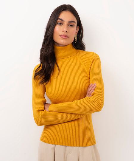suéter de tricot canelado gola alta amarelo P