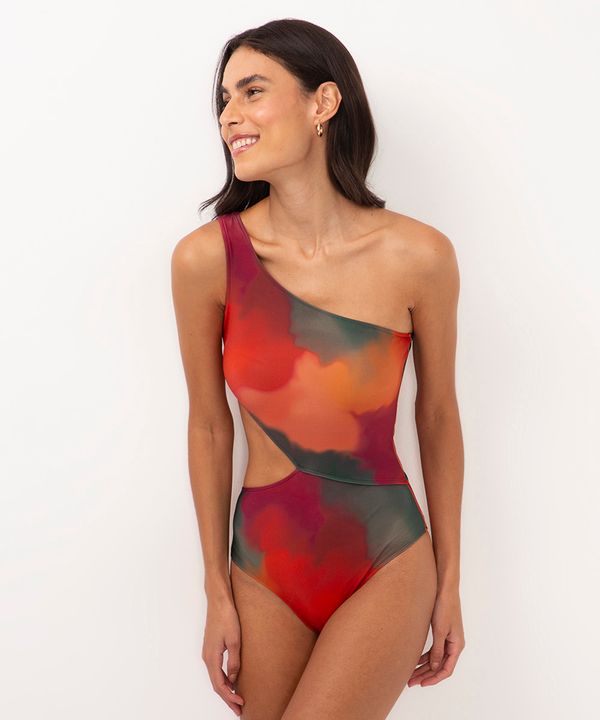 maiô ombro único cut out marmorizado proteção uv vermelho G
