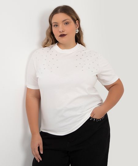 camiseta de algodão com strass plus size off white GG1