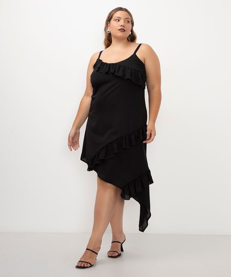 vestido midi com babados plus size preto GG3