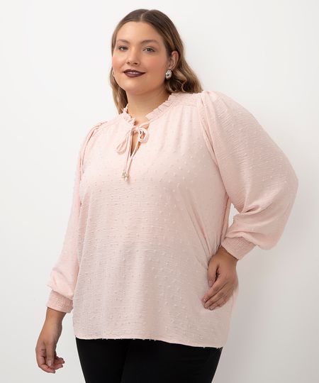 blusa com lastex manga bufante plus size rosa GG1