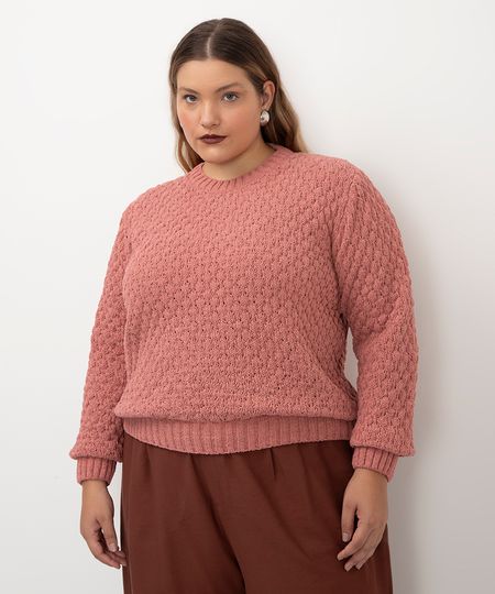 suéter de tricot chenille plus size rosa GG1