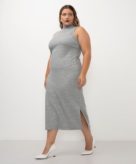 vestido de tricot midi gola alta plus size cinza GG2 vestido de tricot midi gola alta plus size cinza GG2