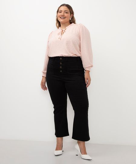calça de sarja cropped flare plus size preto 50