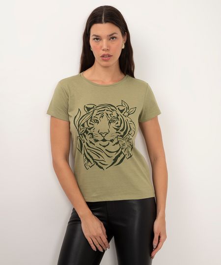 camiseta de algodão manga curta tigre verde M camiseta de algodão manga curta tigre verde M