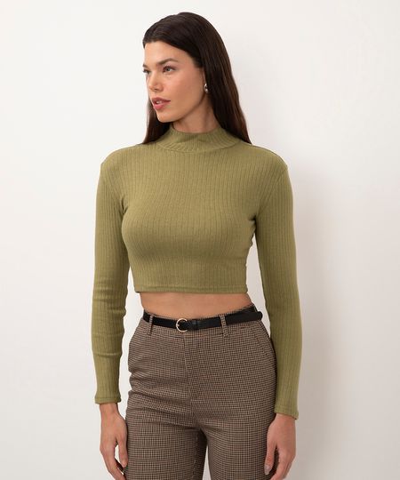 cropped de viscose básico canelado verde médio P