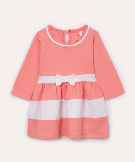 vestido de algodão infantil com laço manga longa rosa médio 3-6