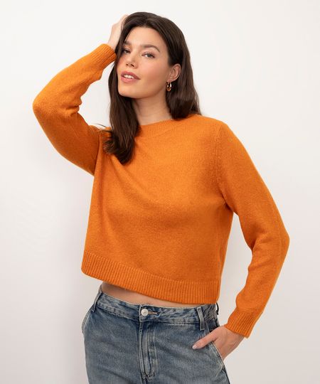 suéter básico cropped de tricô laranja PP