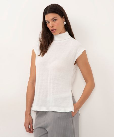 blusa alongada de tricot gola alta off white PP