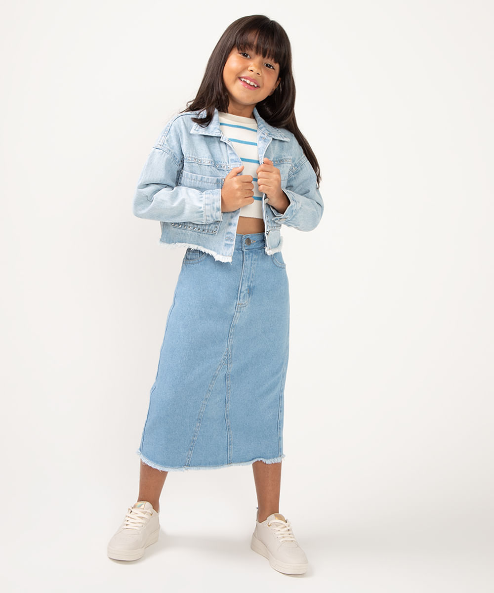 saia jeans infantil midi com recorte azul claro