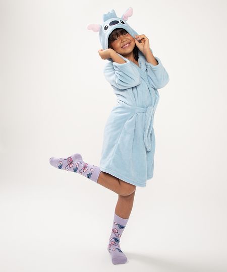 roupão infantil stitch fleece azul claro P