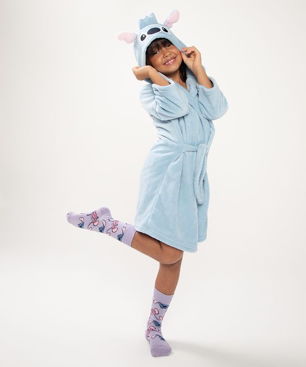 roupão infantil stitch fleece azul claro M