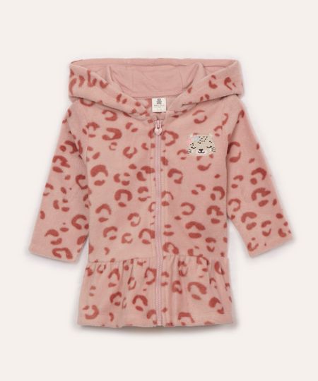 casaco de fleece infantil onça com capuz rosa 3-6